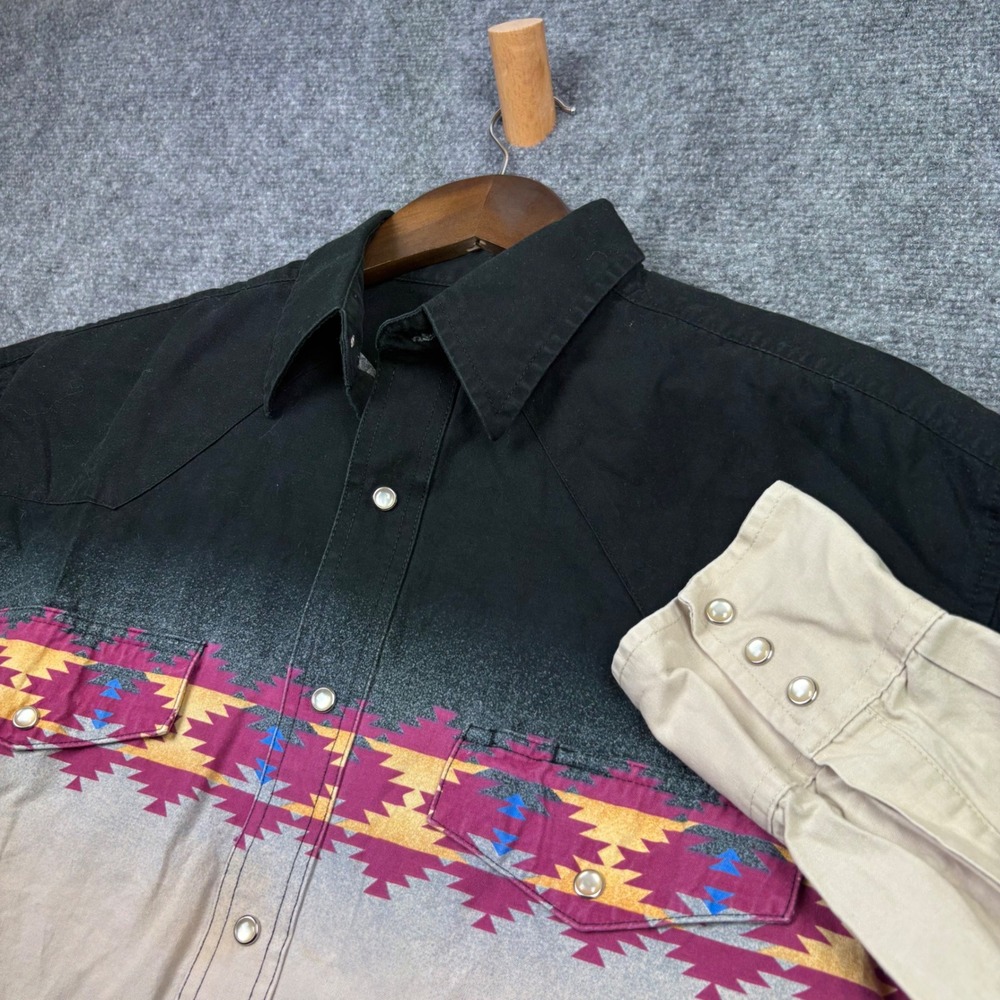 Wrangler Western Shirt Mens XL Black Tan Ombre Southwestern Aztec Pearl Snap